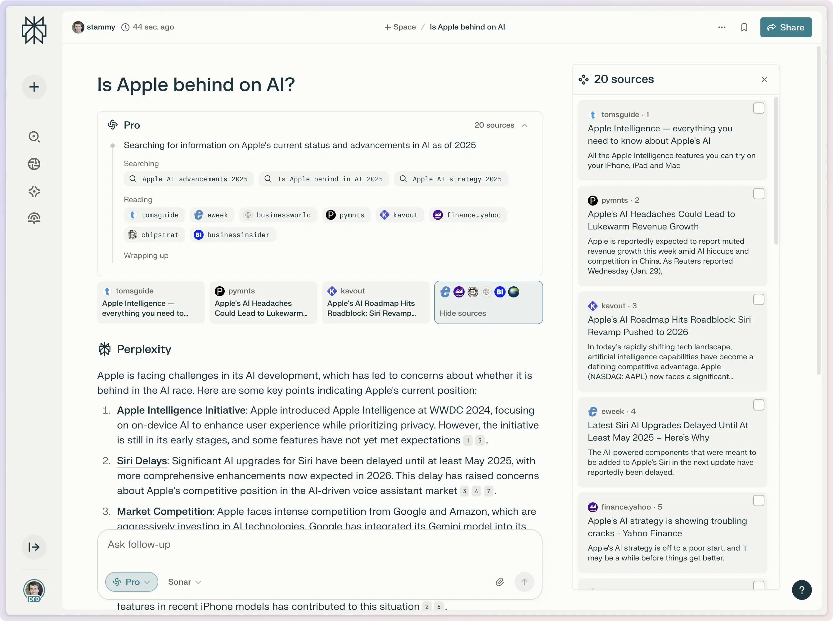 Perplexity Pro search with expanded status showing search details